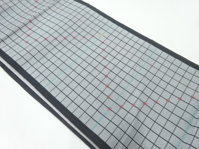 格子に抽象模様織出し袋帯